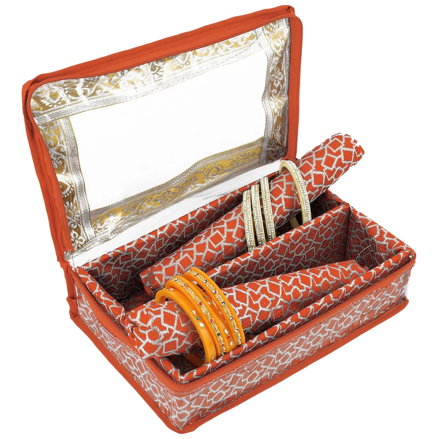 Heart Home Multipurpose Feather Design Laminated 2 Rod Bangle Box/Organizer/Case With Tranasparent Top (Orange)-47HH0149