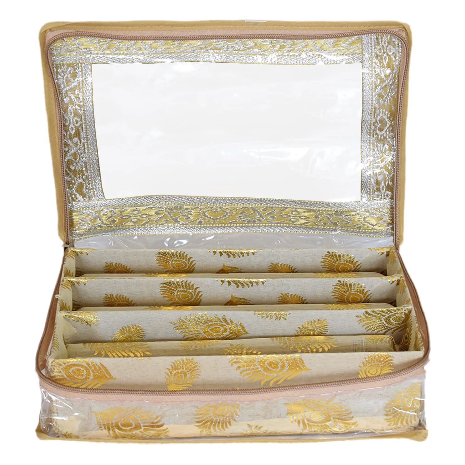 Heart Home Multipurpose Feather Design Laminated 3 Rod Bangle Box/Organizer/Case With Tranasparent Top - Pack of 2 (Gold)-47HH0179