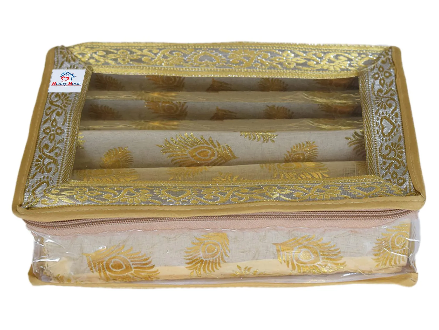 Heart Home Multipurpose Feather Design Laminated 3 Rod Bangle Box/Organizer/Case With Tranasparent Top - Pack of 2 (Gold)-47HH0179