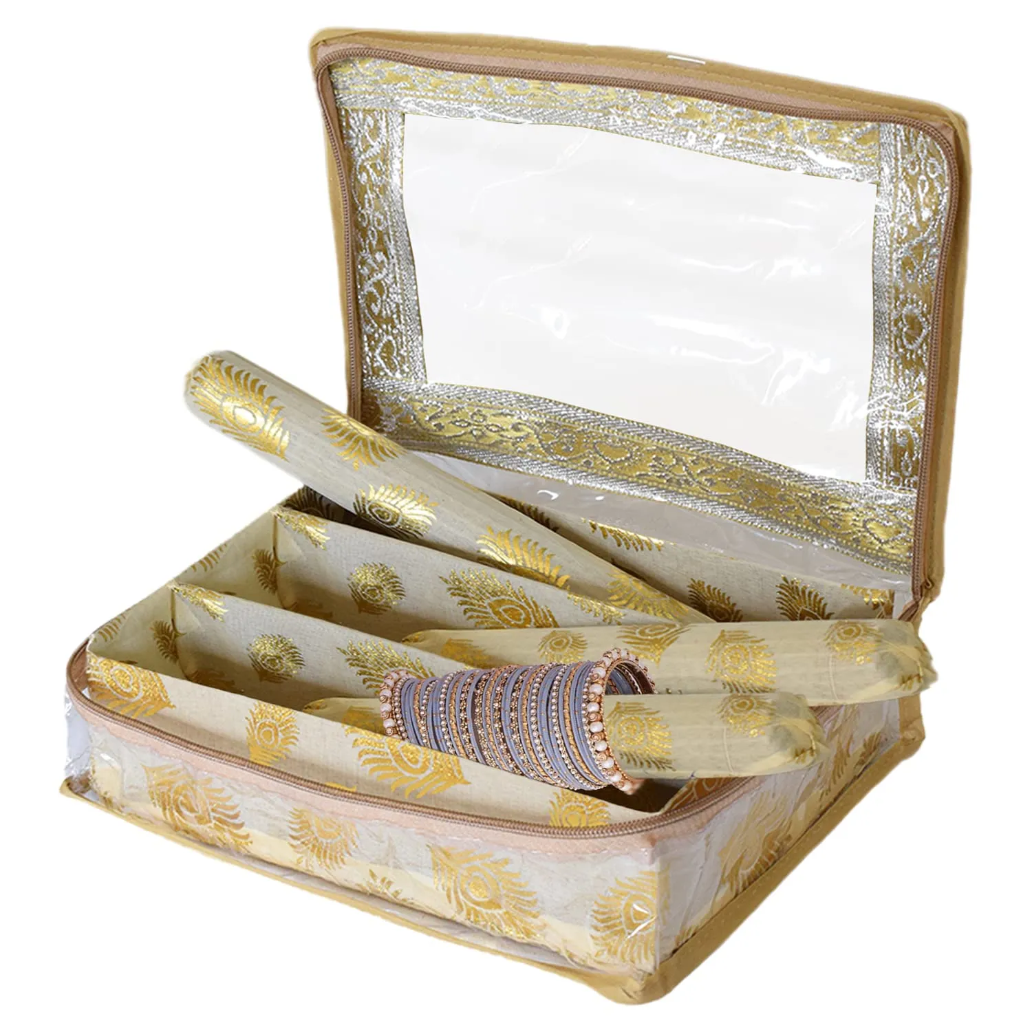 Heart Home Multipurpose Feather Design Laminated 3 Rod Bangle Box/Organizer/Case With Tranasparent Top - Pack of 2 (Gold)-47HH0179