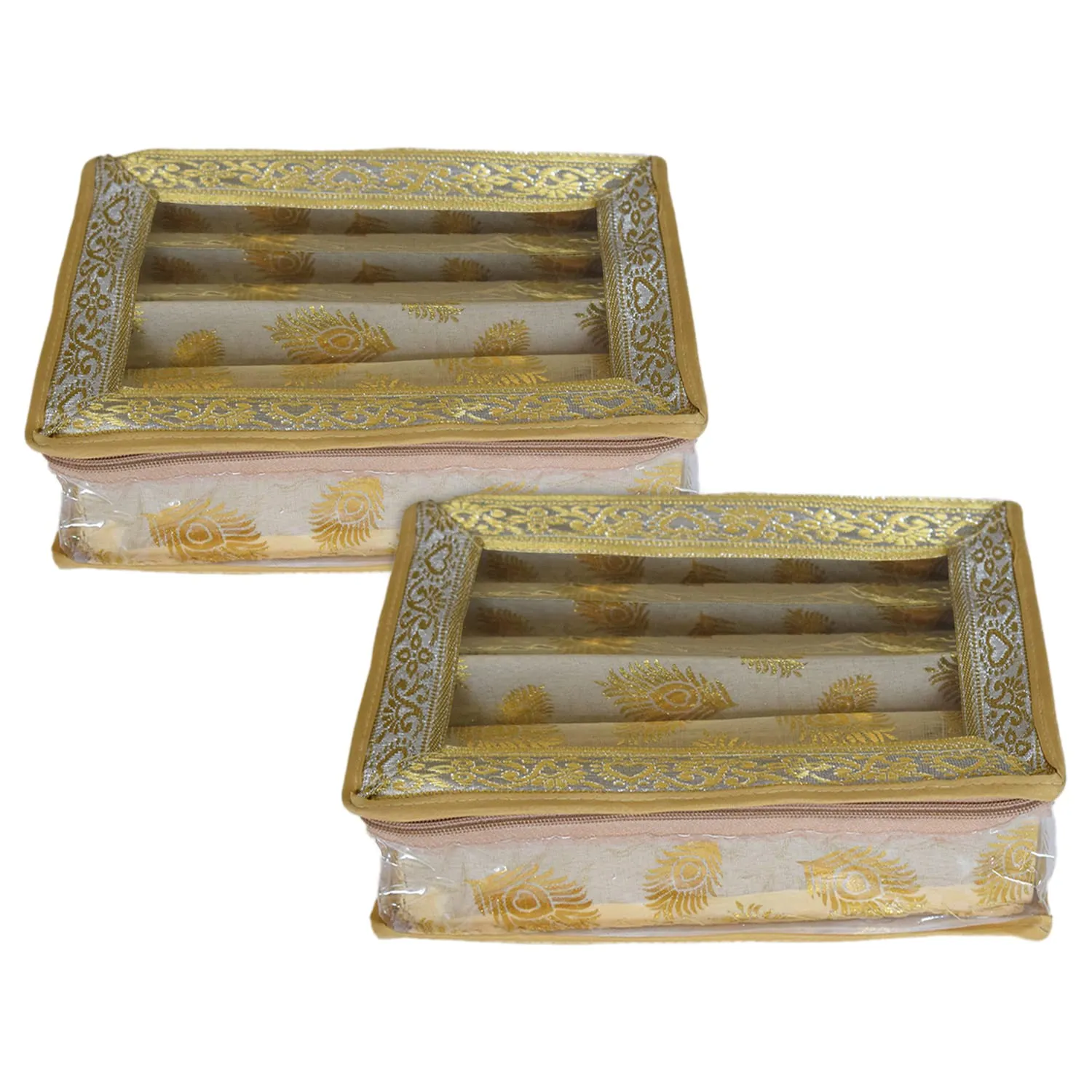 Heart Home Multipurpose Feather Design Laminated 3 Rod Bangle Box/Organizer/Case With Tranasparent Top - Pack of 2 (Gold)-47HH0179