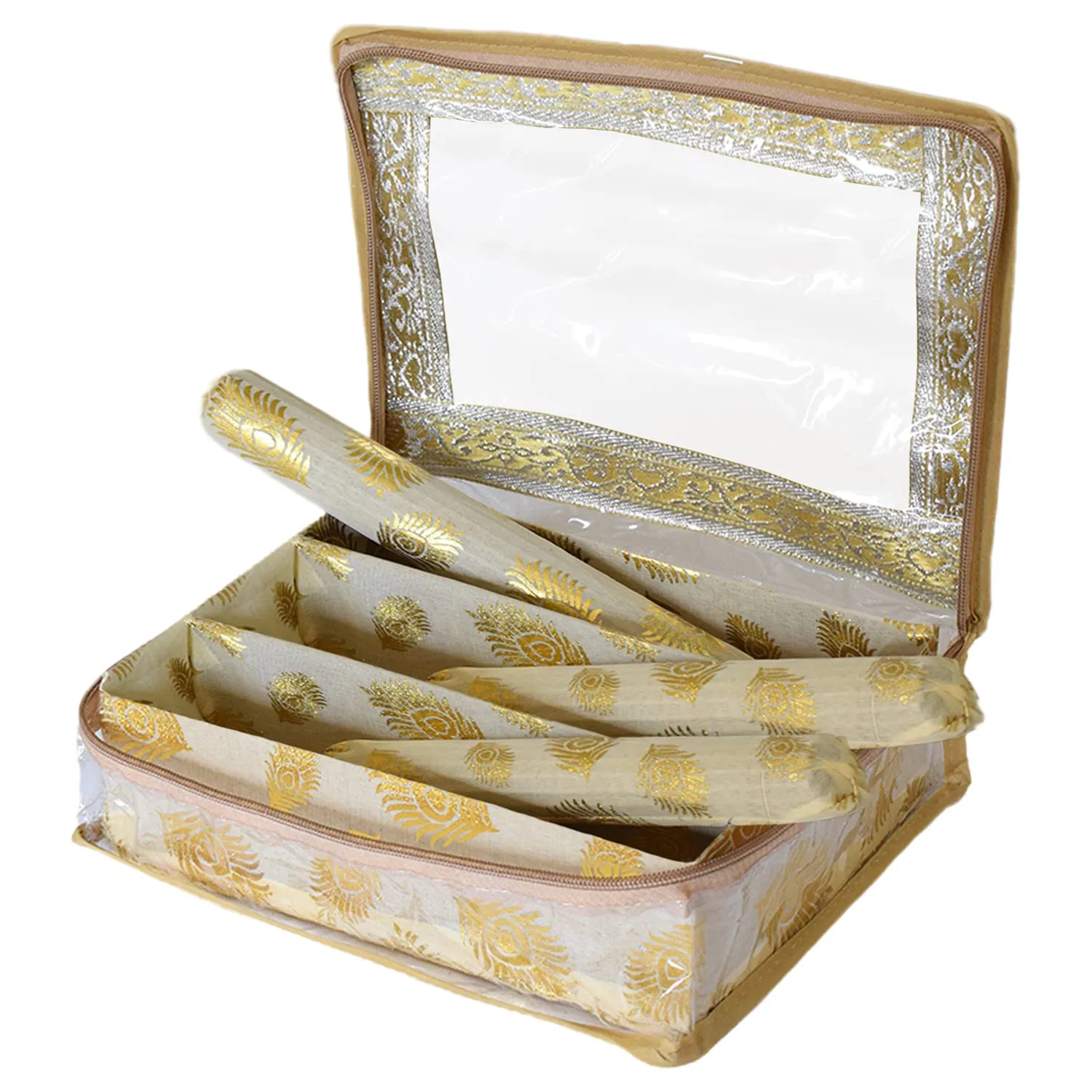 Heart Home Multipurpose Feather Design Laminated 3 Rod Bangle Box/Organizer/Case With Tranasparent Top - Pack of 2 (Gold)-47HH0179