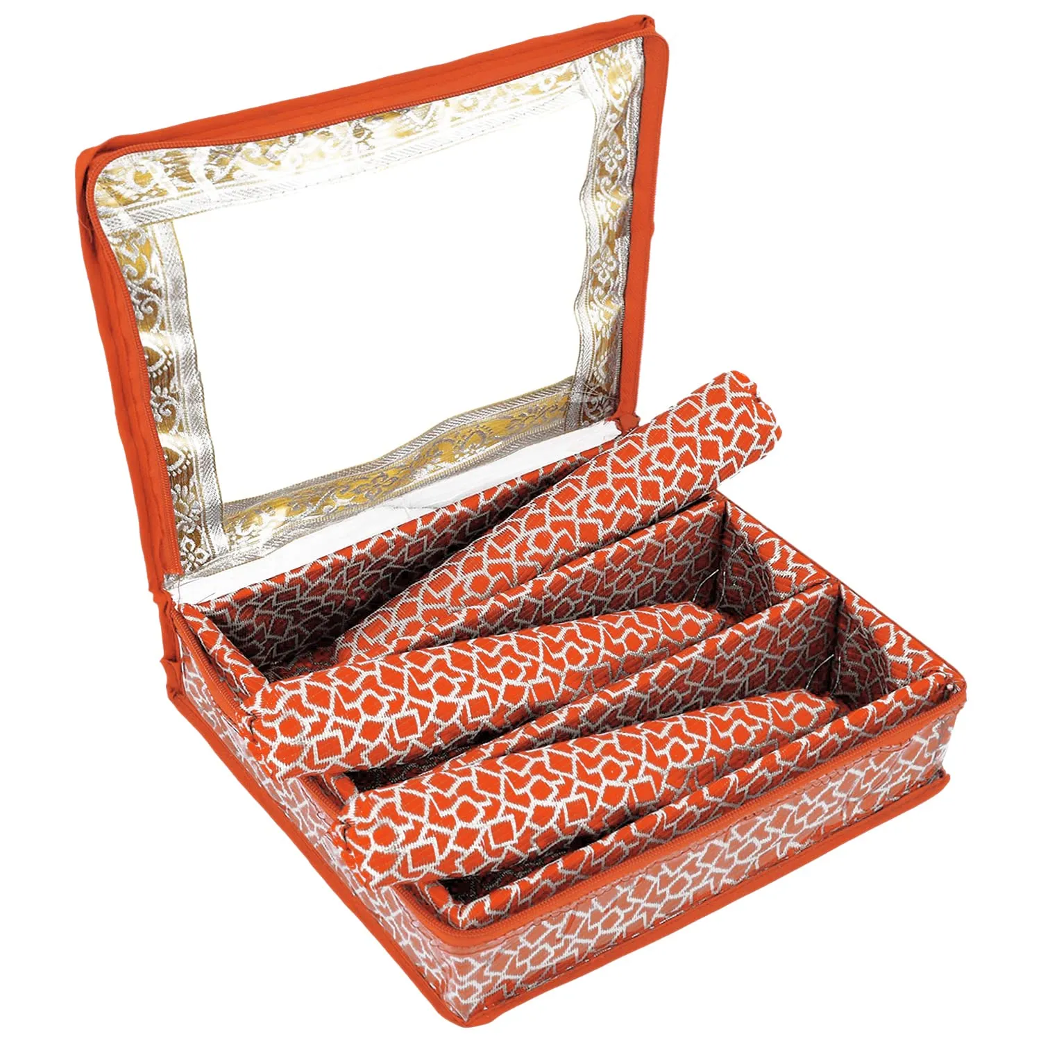 Heart Home Multipurpose Feather Design Laminated 3 Rod Bangle Box/Organizer/Case With Tranasparent Top - Pack of 2 (Orange)-47HH0155