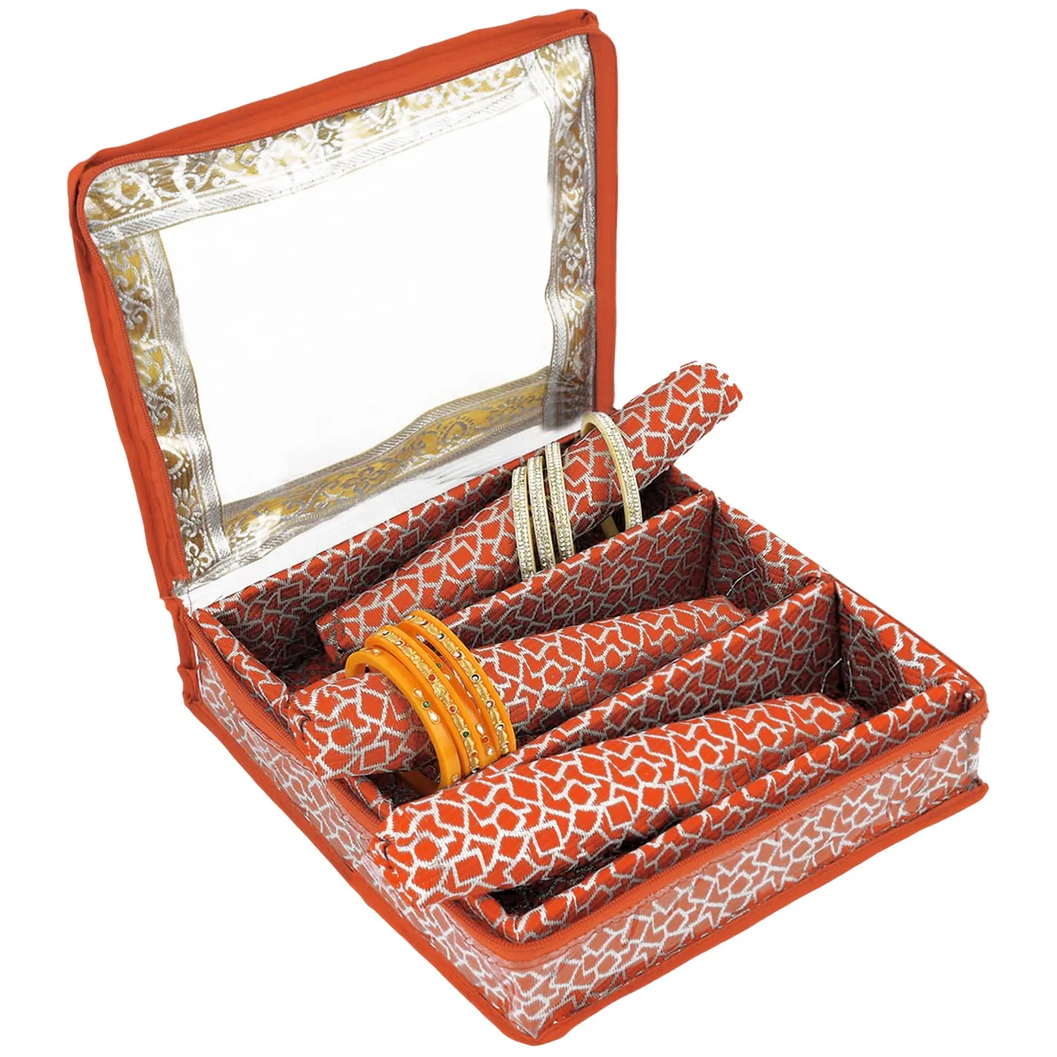 Heart Home Multipurpose Feather Design Laminated 3 Rod Bangle Box/Organizer/Case With Tranasparent Top - Pack of 2 (Orange)-47HH0155