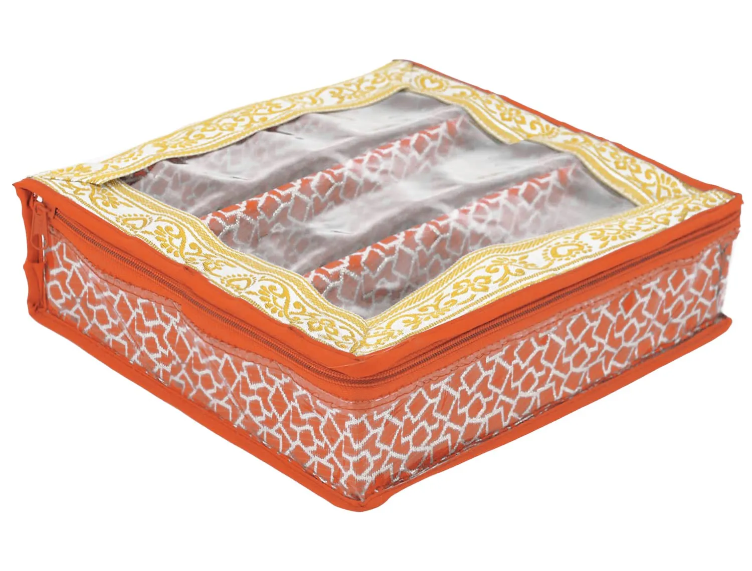 Heart Home Multipurpose Feather Design Laminated 3 Rod Bangle Box/Organizer/Case With Tranasparent Top - Pack of 2 (Orange)-47HH0155