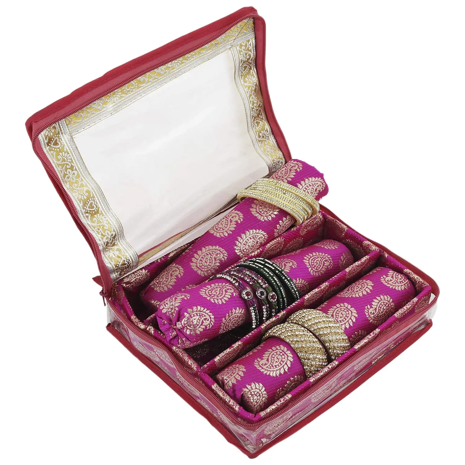 Heart Home Multipurpose Feather Design Laminated 3 Rod Bangle Box/Organizer/Case With Tranasparent Top (Pink)-47HH0225