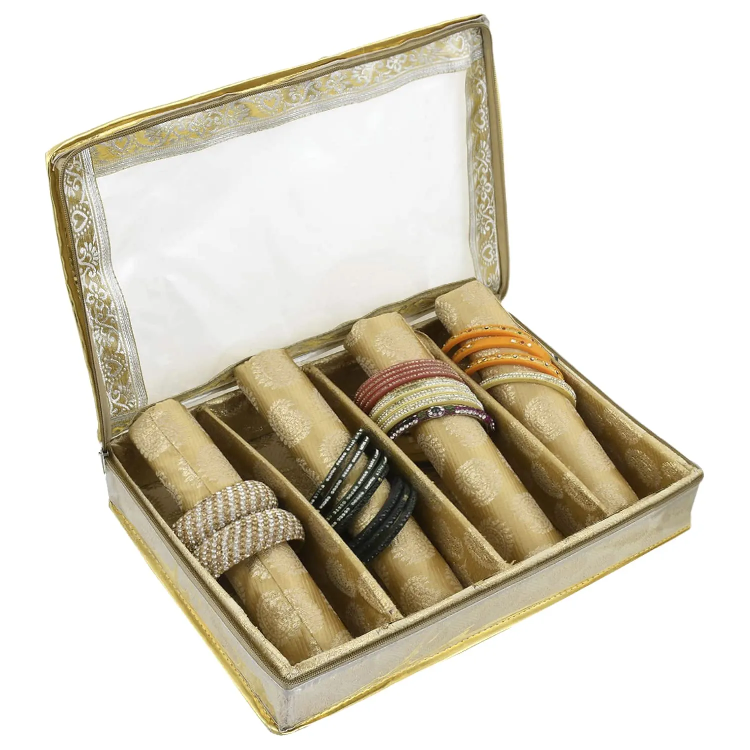 Heart Home Multipurpose Feather Design Laminated 4 Rod Bangle Box/Organizer/Case With Tranasparent Top (Gold)-47HH0181