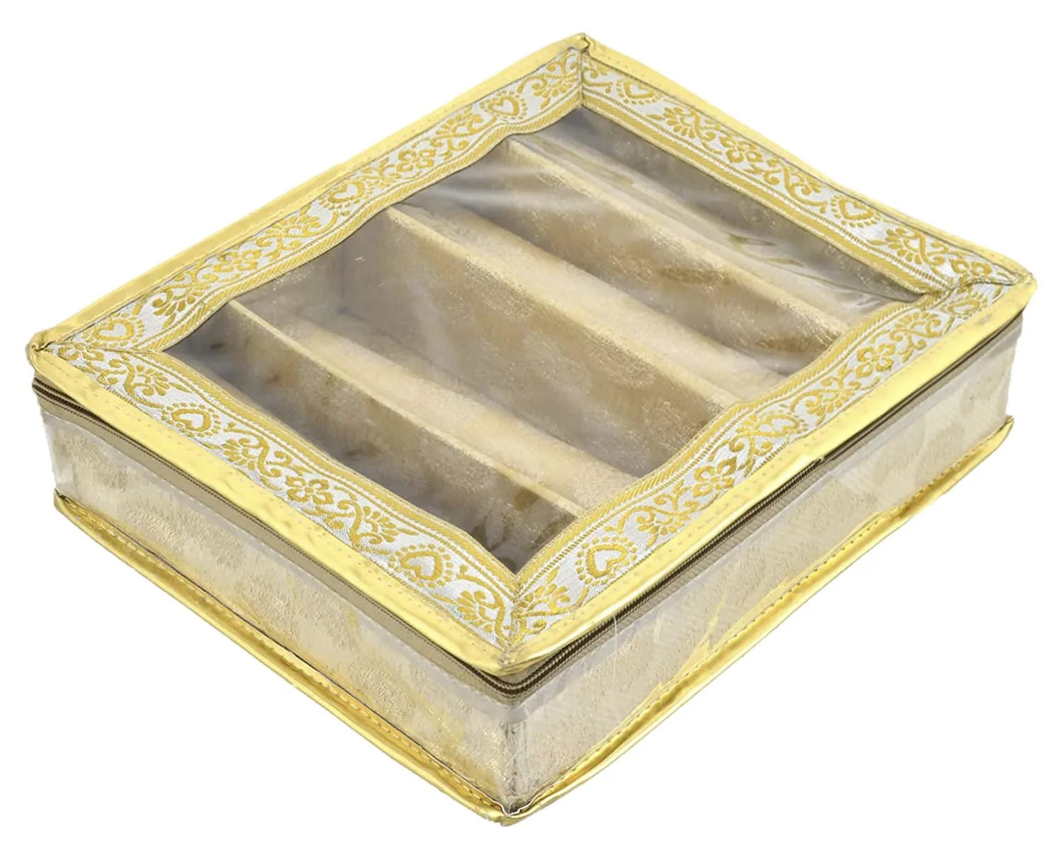 Heart Home Multipurpose Feather Design Laminated 4 Rod Bangle Box/Organizer/Case With Tranasparent Top (Gold)-47HH0181