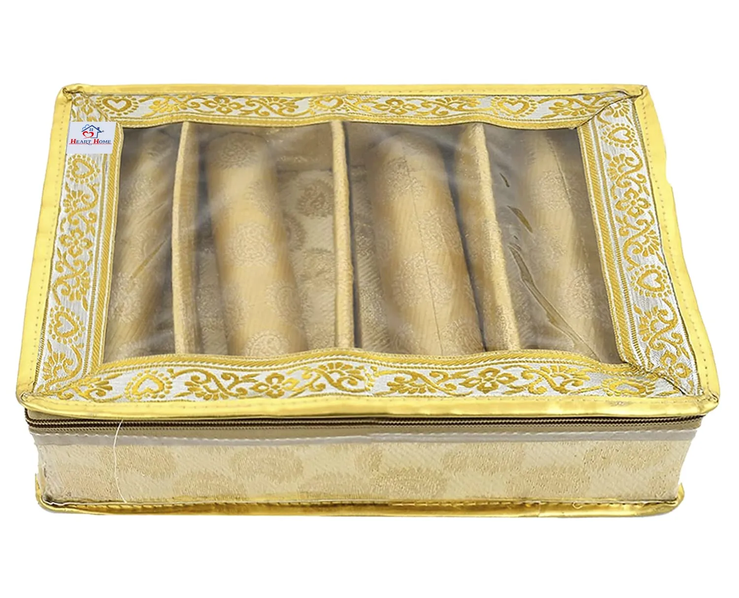 Heart Home Multipurpose Feather Design Laminated 4 Rod Bangle Box/Organizer/Case With Tranasparent Top (Gold)-47HH0181