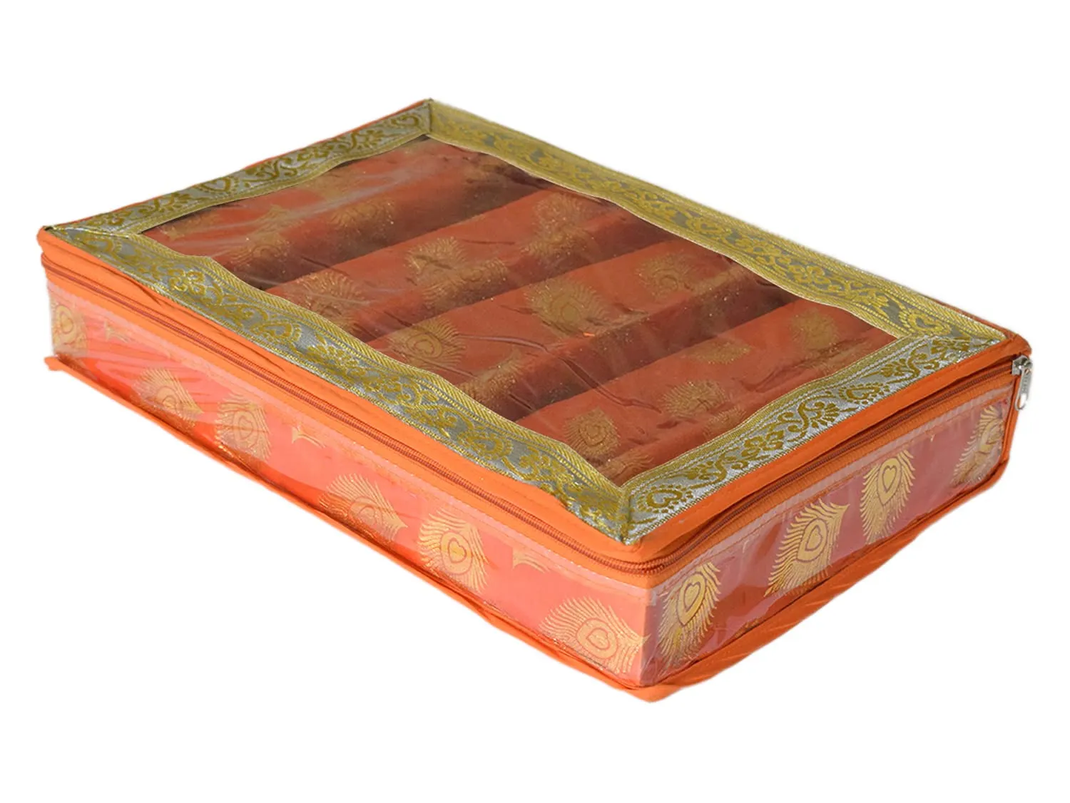 Heart Home Multipurpose Feather Design Laminated 4 Rod Bangle Box/Organizer/Case With Tranasparent Top (Orange)-47HH0157