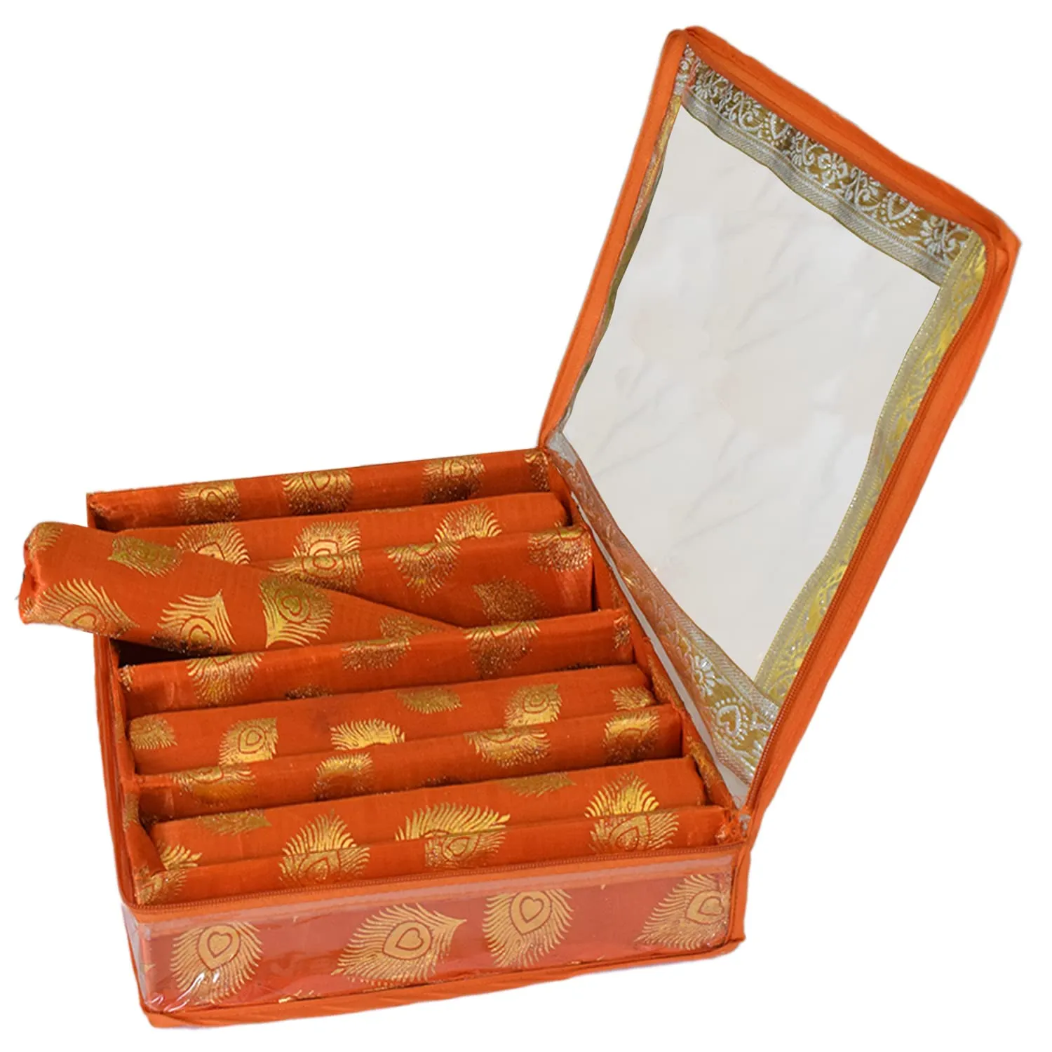 Heart Home Multipurpose Feather Design Laminated 4 Rod Bangle Box/Organizer/Case With Tranasparent Top (Orange)-47HH0157