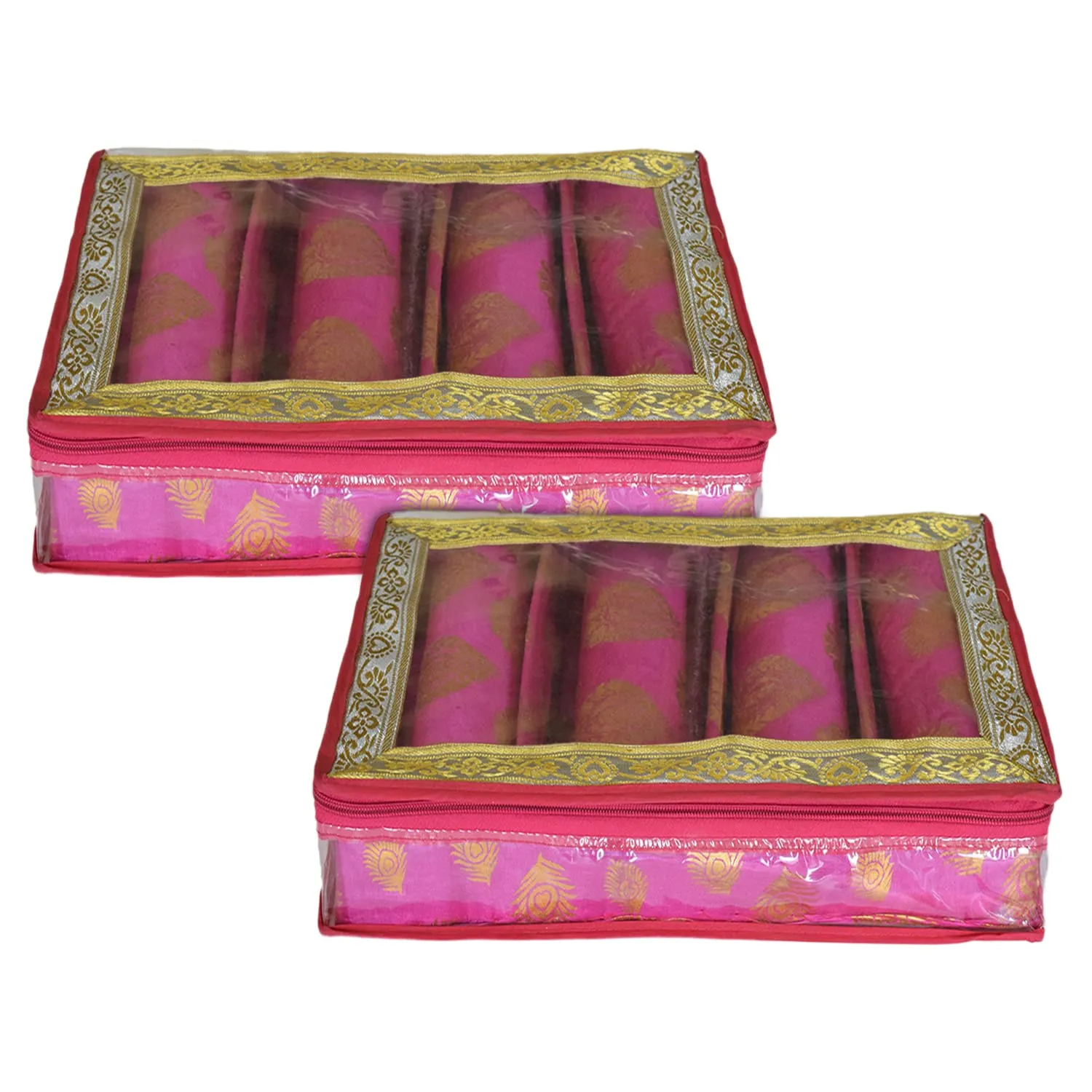 Heart Home Multipurpose Feather Design Laminated 4 Rod Bangle Box/Organizer/Case With Tranasparent Top - Pack of 2 (Pink)-47HH0231