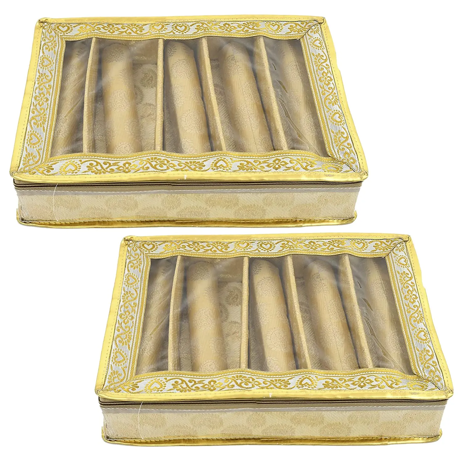 Heart Home Multipurpose Feather Design Laminated 5 Rod Bangle Box/Organizer/Case With Tranasparent Top - Pack of 2 (Gold)-47HH0187