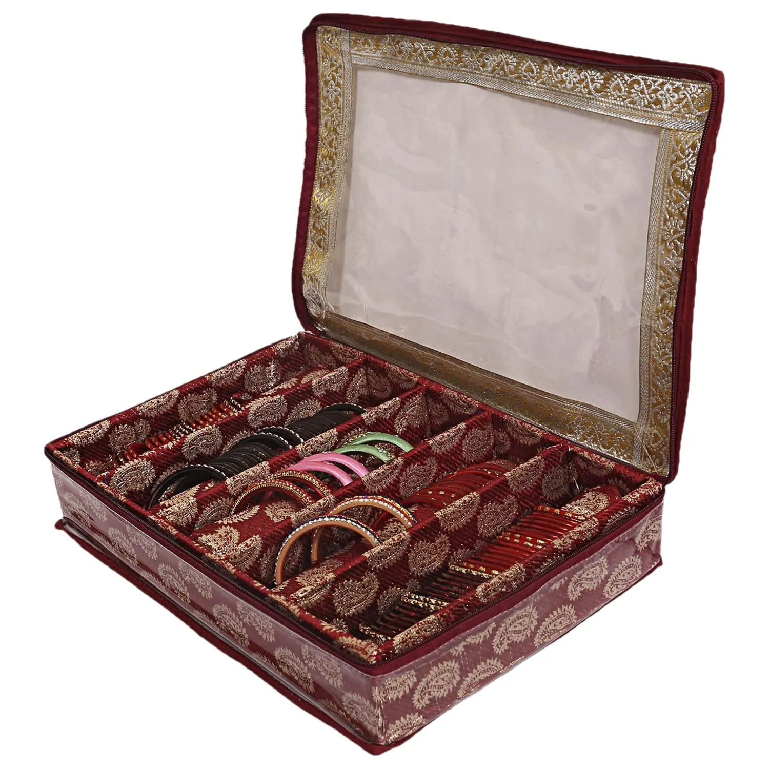 Heart Home Multipurpose Leaf Design Laminated 5 Rod Bangle Box/Organizer/Case With Tranasparent Top (Maroon)-47HH0281