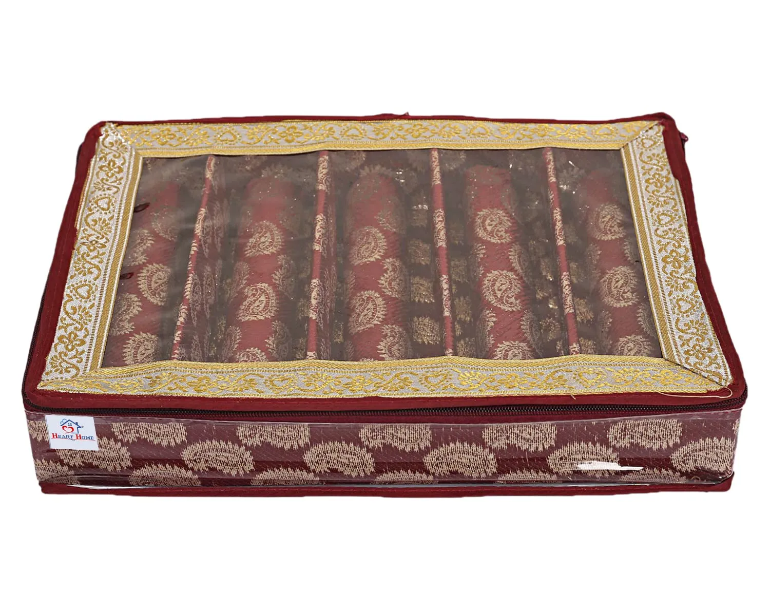 Heart Home Multipurpose Leaf Design Laminated 5 Rod Bangle Box/Organizer/Case With Tranasparent Top (Maroon)-47HH0281