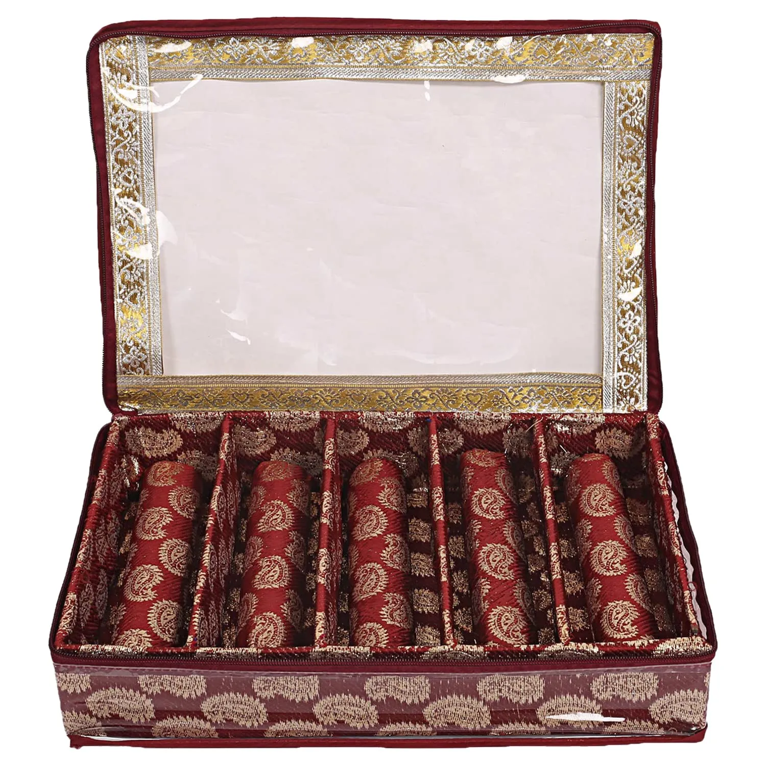 Heart Home Multipurpose Leaf Design Laminated 5 Rod Bangle Box/Organizer/Case With Tranasparent Top (Maroon)-47HH0281