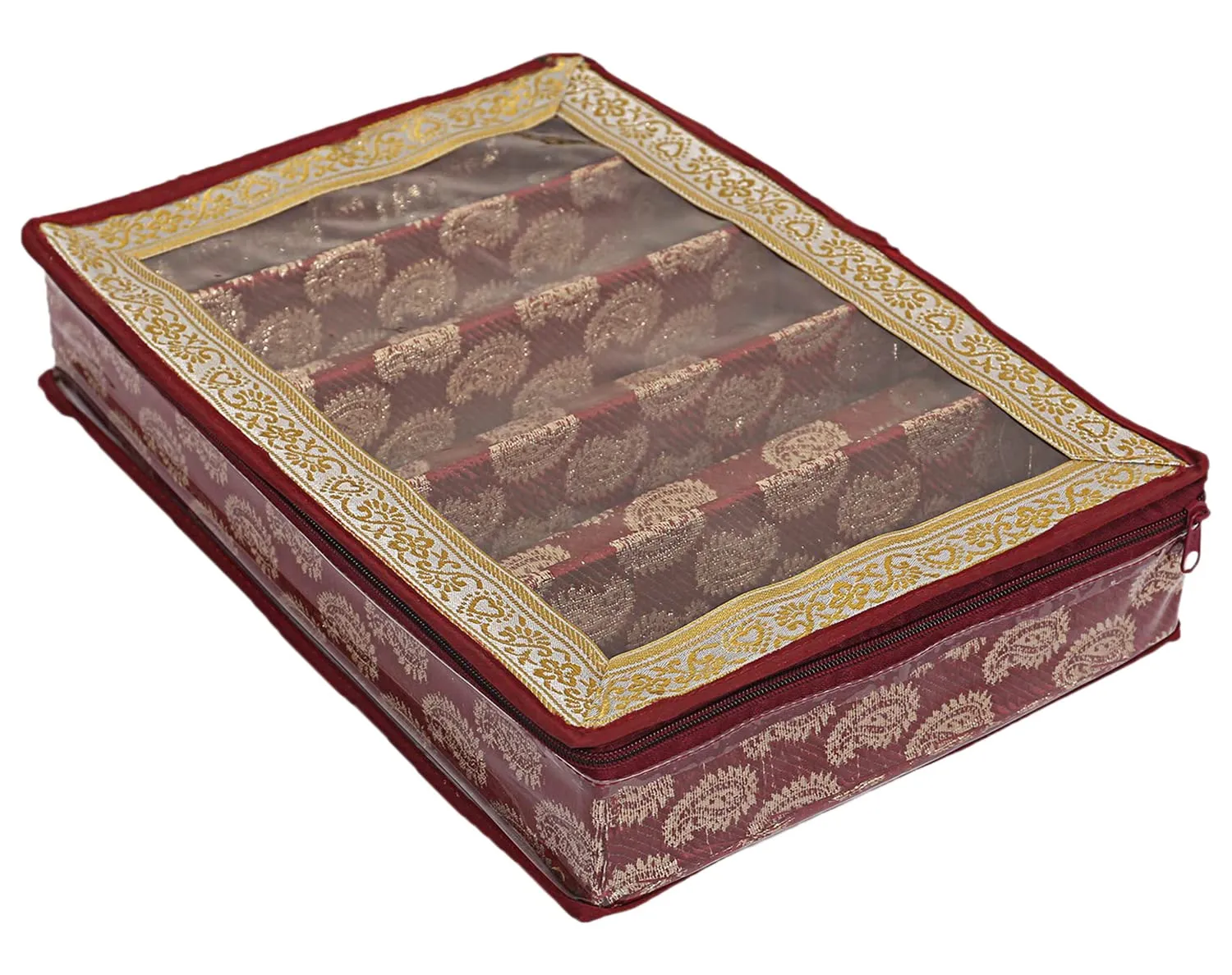 Heart Home Multipurpose Leaf Design Laminated 5 Rod Bangle Box/Organizer/Case With Tranasparent Top (Maroon)-47HH0281