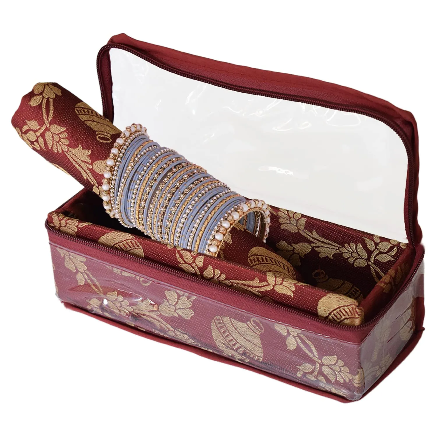 Heart Home Multipurpose Matka Pattern Laminated 1 Rod Bangle Box/Organizer/Case With Tranasparent Top (Maroon)-47HH0457