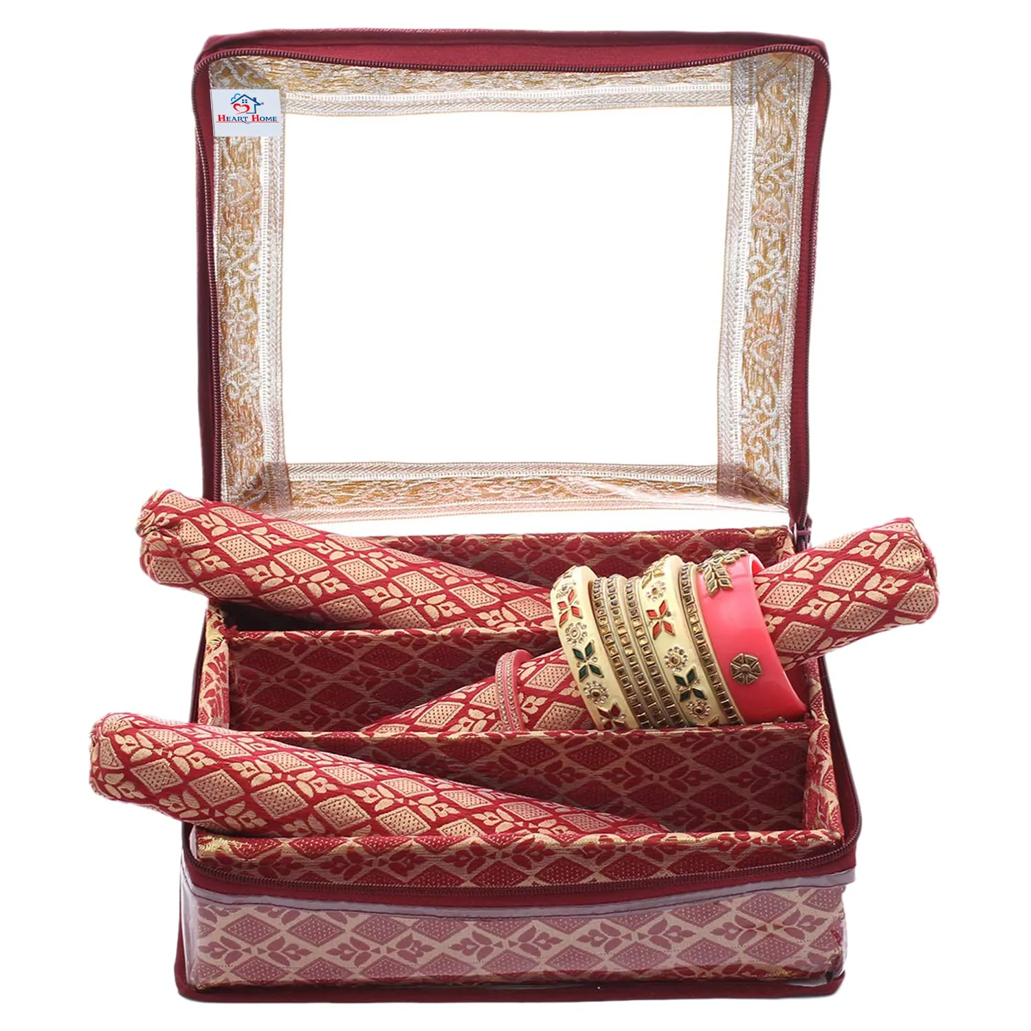 Heart Home Multipurpose Matka Pattern Laminated 3 Rod Bangle Box/Organizer/Case With Tranasparent Top - Pack of 2 (Maroon)-47HH0467