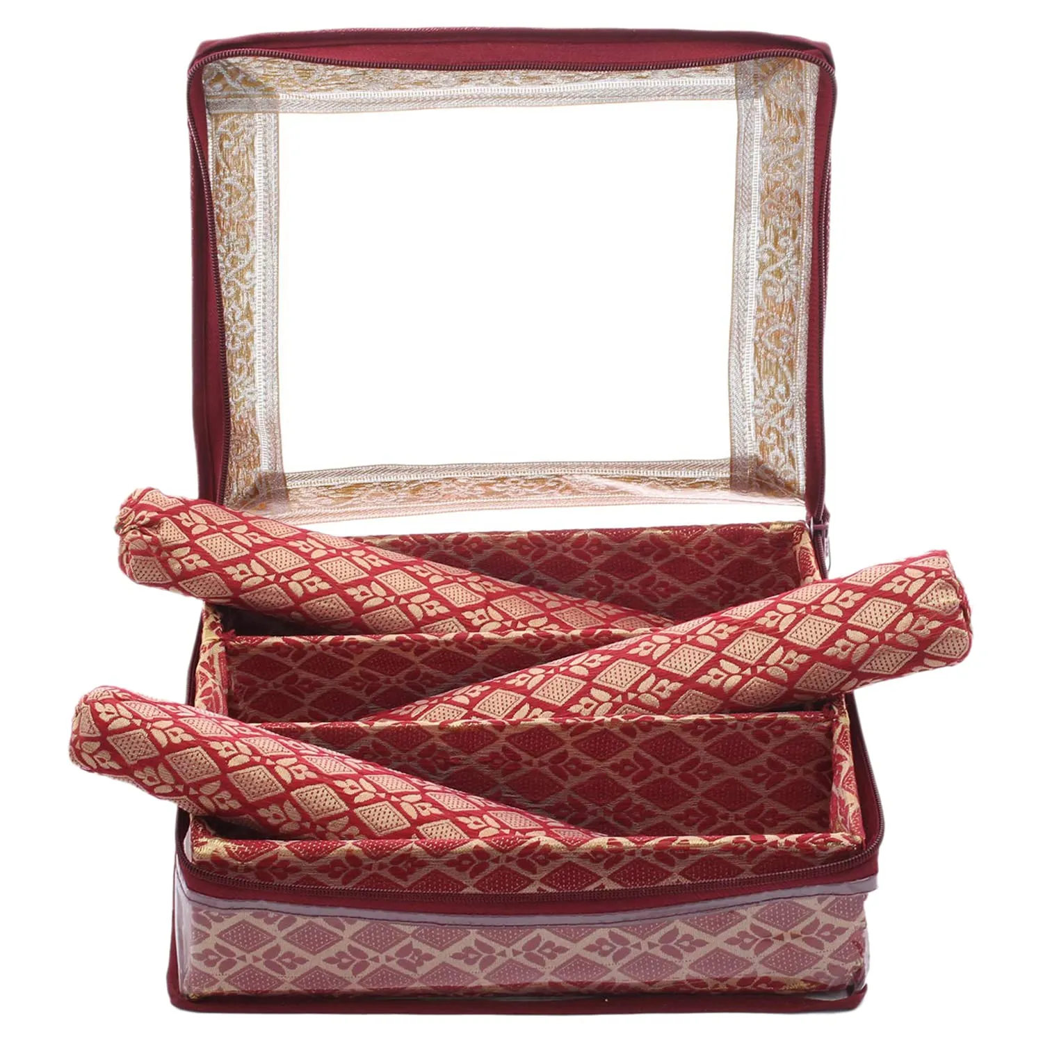 Heart Home Multipurpose Matka Pattern Laminated 3 Rod Bangle Box/Organizer/Case With Tranasparent Top - Pack of 2 (Maroon)-47HH0467