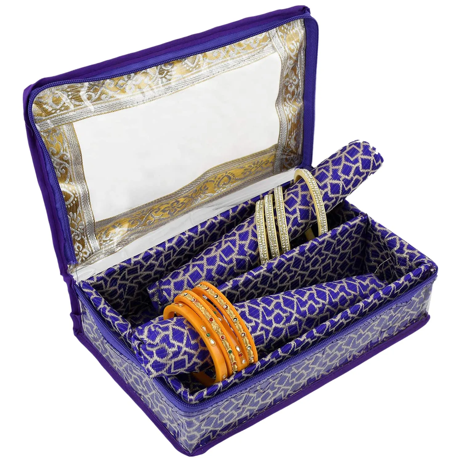 Heart Home Multipurpose Multi Saqare Design Laminated 2 Rod Bangle Box/Organizer/Case With Tranasparent Top (Purple)-47HH0341