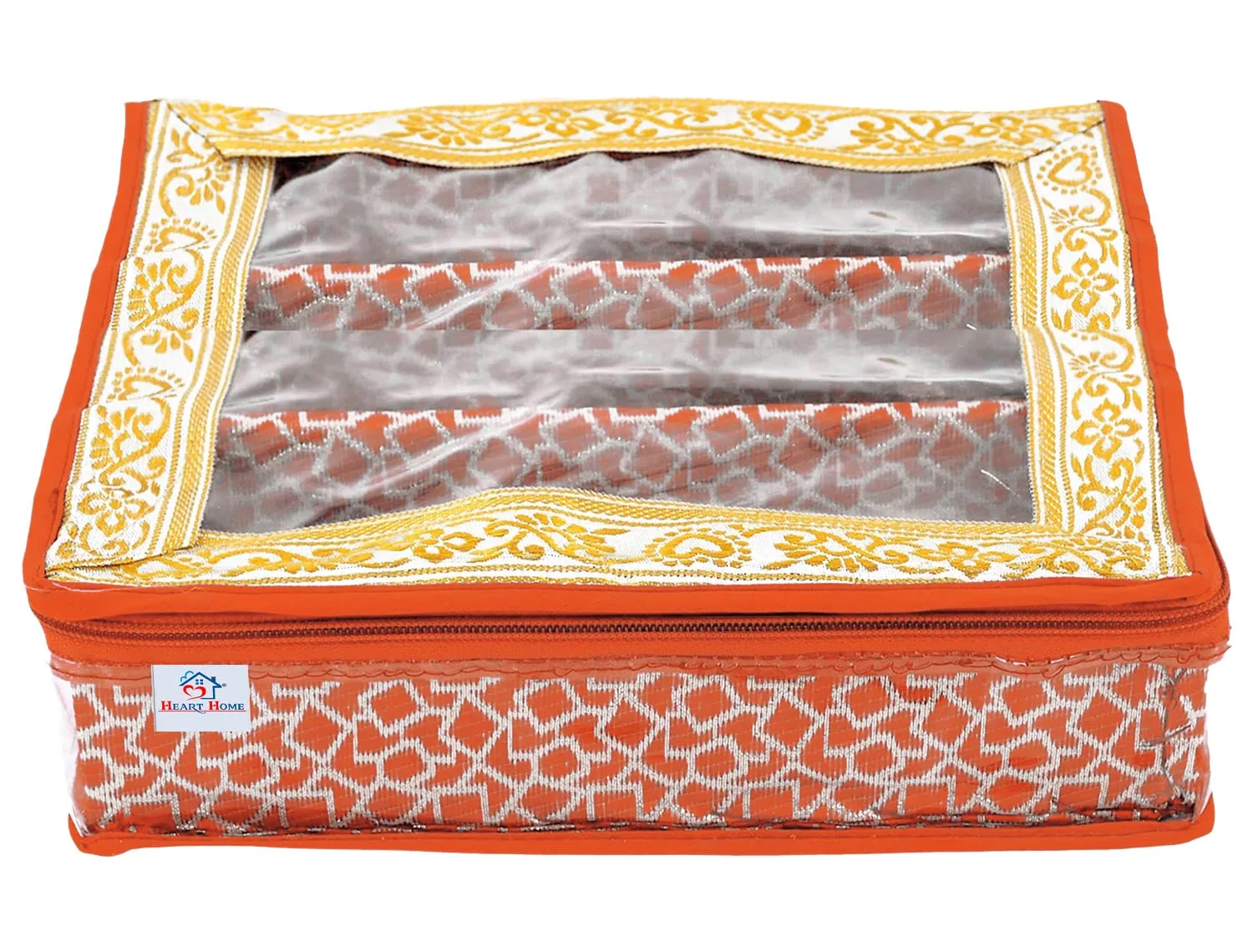 Heart Home Multipurpose Multi Saqare Design Laminated 3 Rod Bangle Box/Organizer/Case With Tranasparent Top - Pack of 2 (Orange)-47HH0323