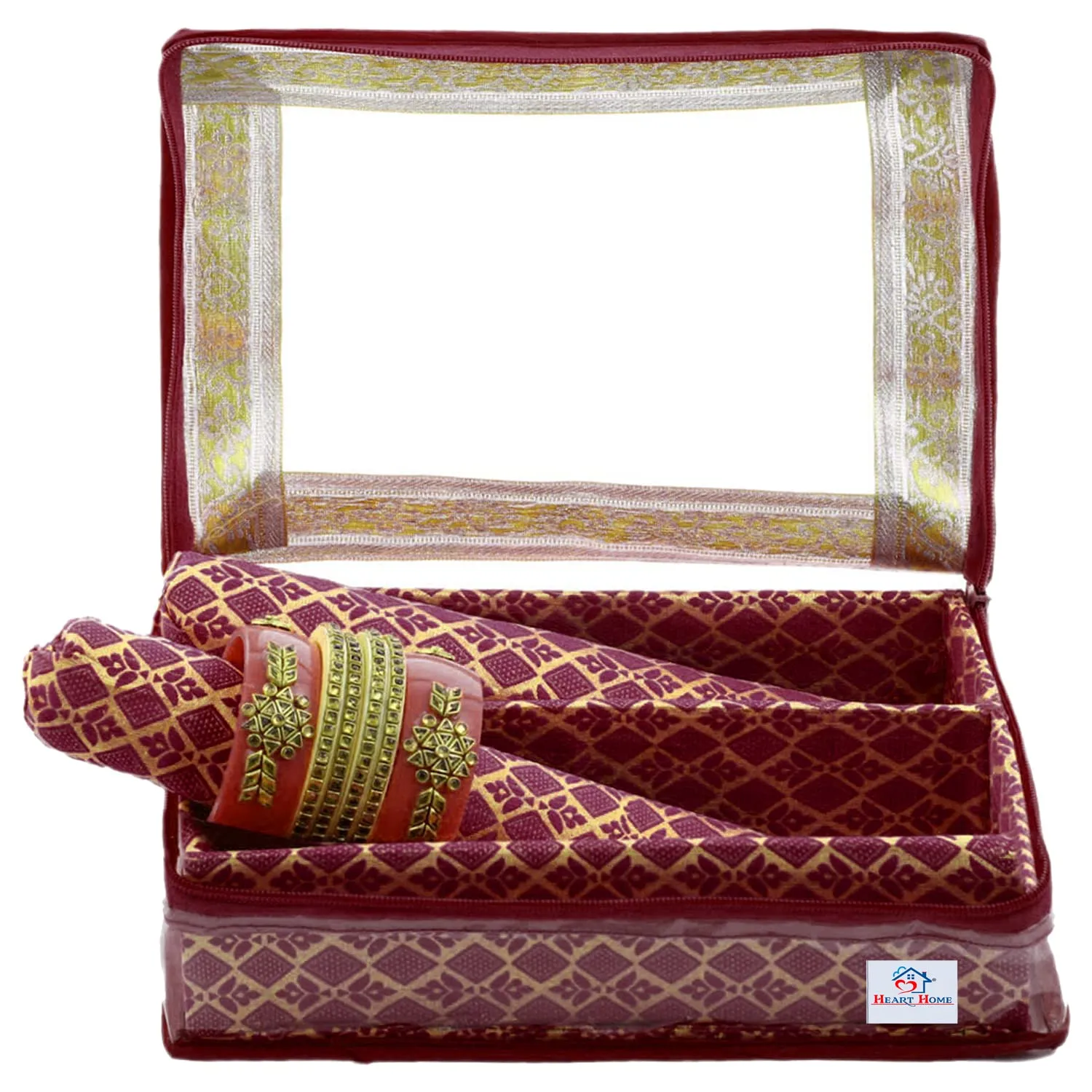 Heart Home Multipurpose Tribal Design Laminated 2 Rod Bangle Box/Organizer/Case With Tranasparent Top (Maroon)-47HH0509