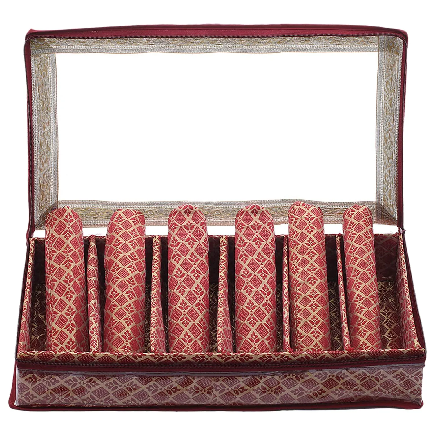 Heart Home Multipurpose Tribal Design Laminated 6 Rod Bangle Box/Organizer/Case With Tranasparent Top - Pack of 2 (Maroon)-47HH0527