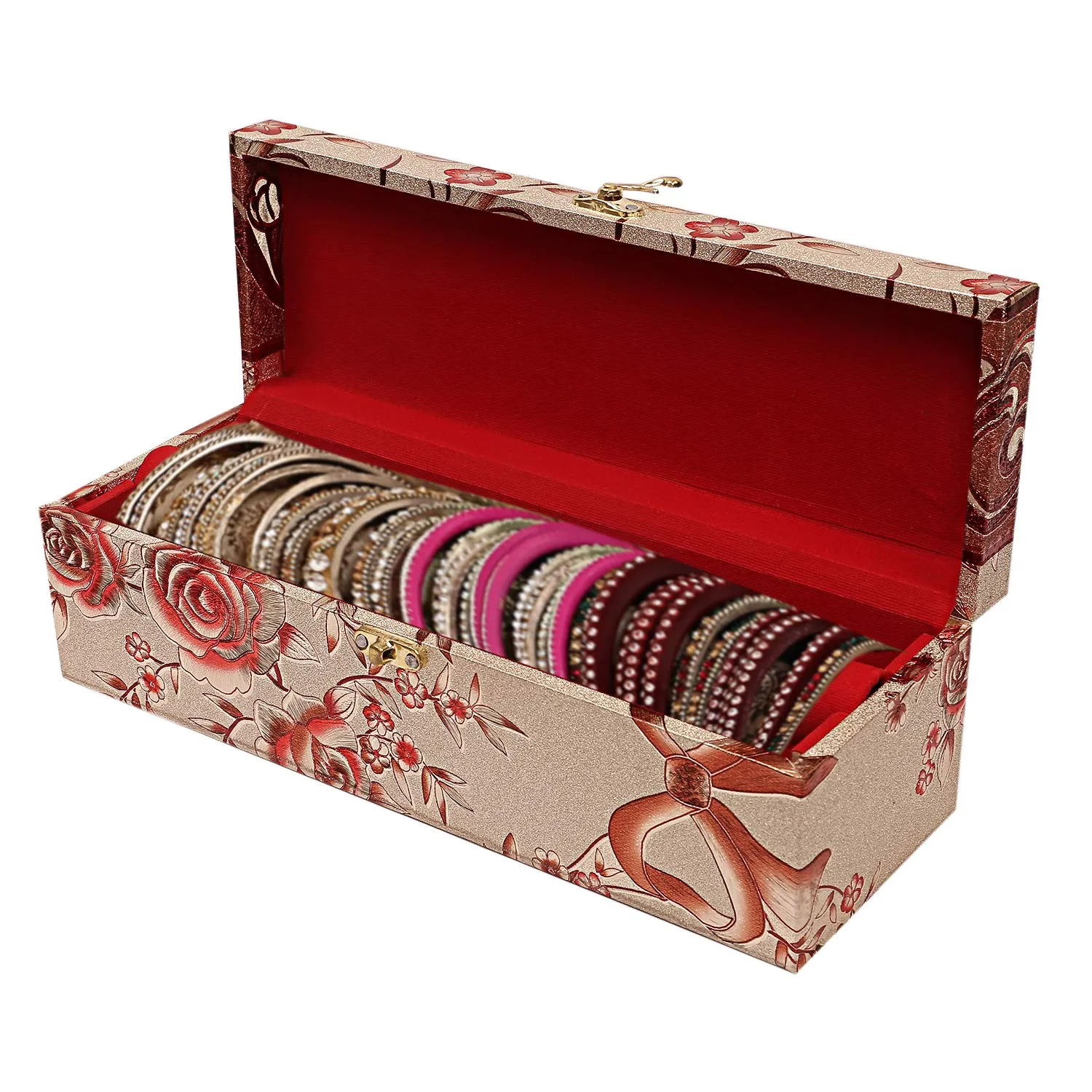 Heart Home Multipurpose Wooden Floral Design 1 Rod Bangle Box/Organizer/Case With Swing Arm Lock- Pack of 2 (Gold)-47HH0647