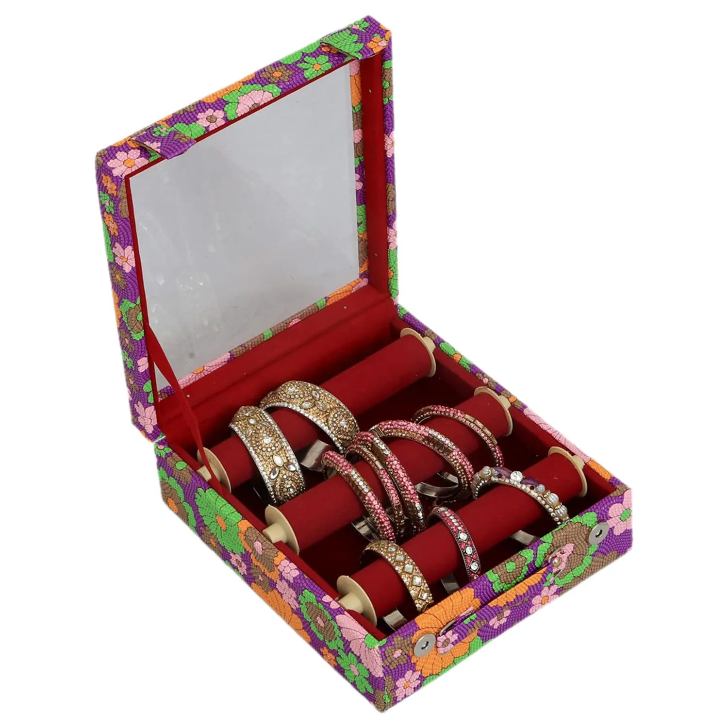 Heart Home Multipurpose Wooden Flower Printed 3 Rod Bangle Box/Organizer With Transparent Top & Magnetic Closure Pack of 2 (Assorted)-47HH0671