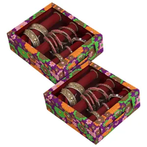 Heart Home Multipurpose Wooden Flower Printed 3 Rod Bangle Box/Organizer With Transparent Top & Magnetic Closure Pack of 2 (Assorted)-47HH0671