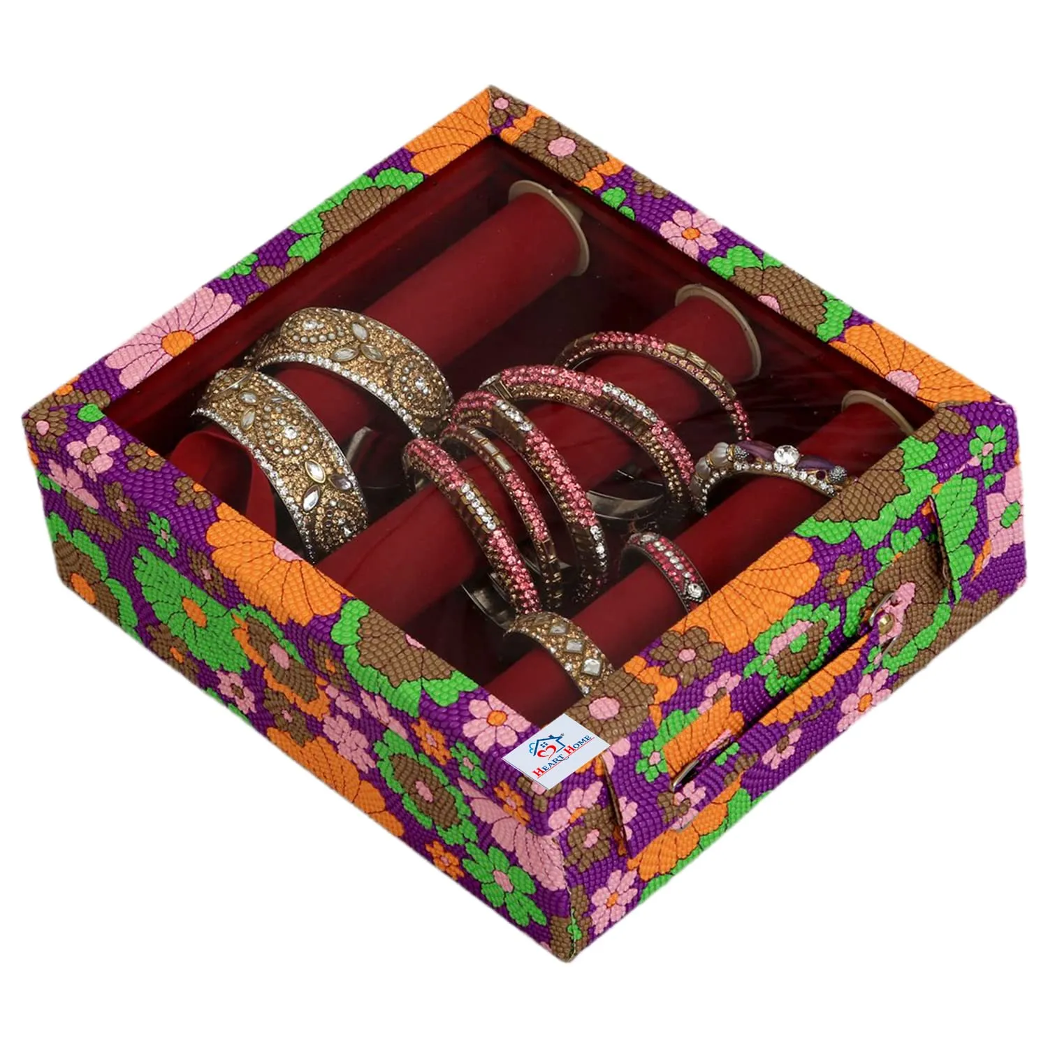 Heart Home Multipurpose Wooden Flower Printed 3 Rod Bangle Box/Organizer With Transparent Top & Magnetic Closure Pack of 2 (Assorted)-47HH0671