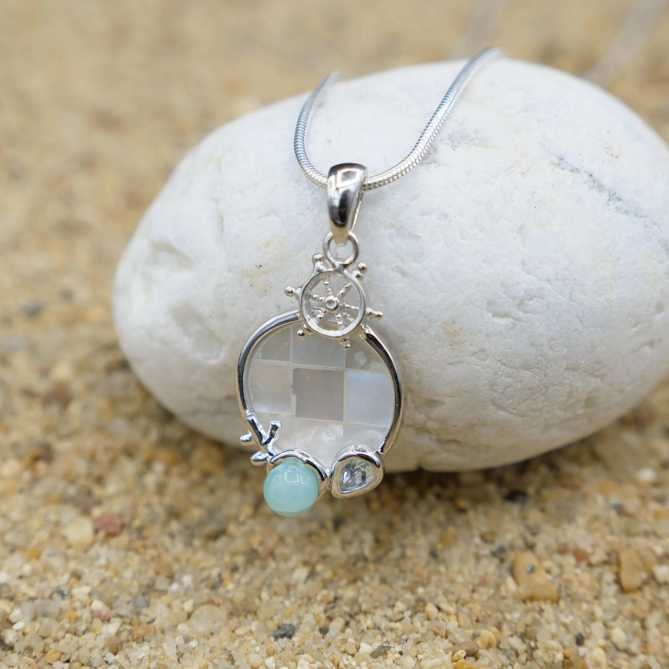 Helm Pendant Necklace with Larimar, Blue Topaz and Mother of Pearl Mosaic