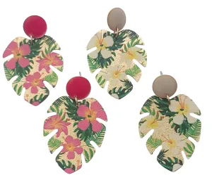 Hibiscus Painted Monstera Leaf Earrings