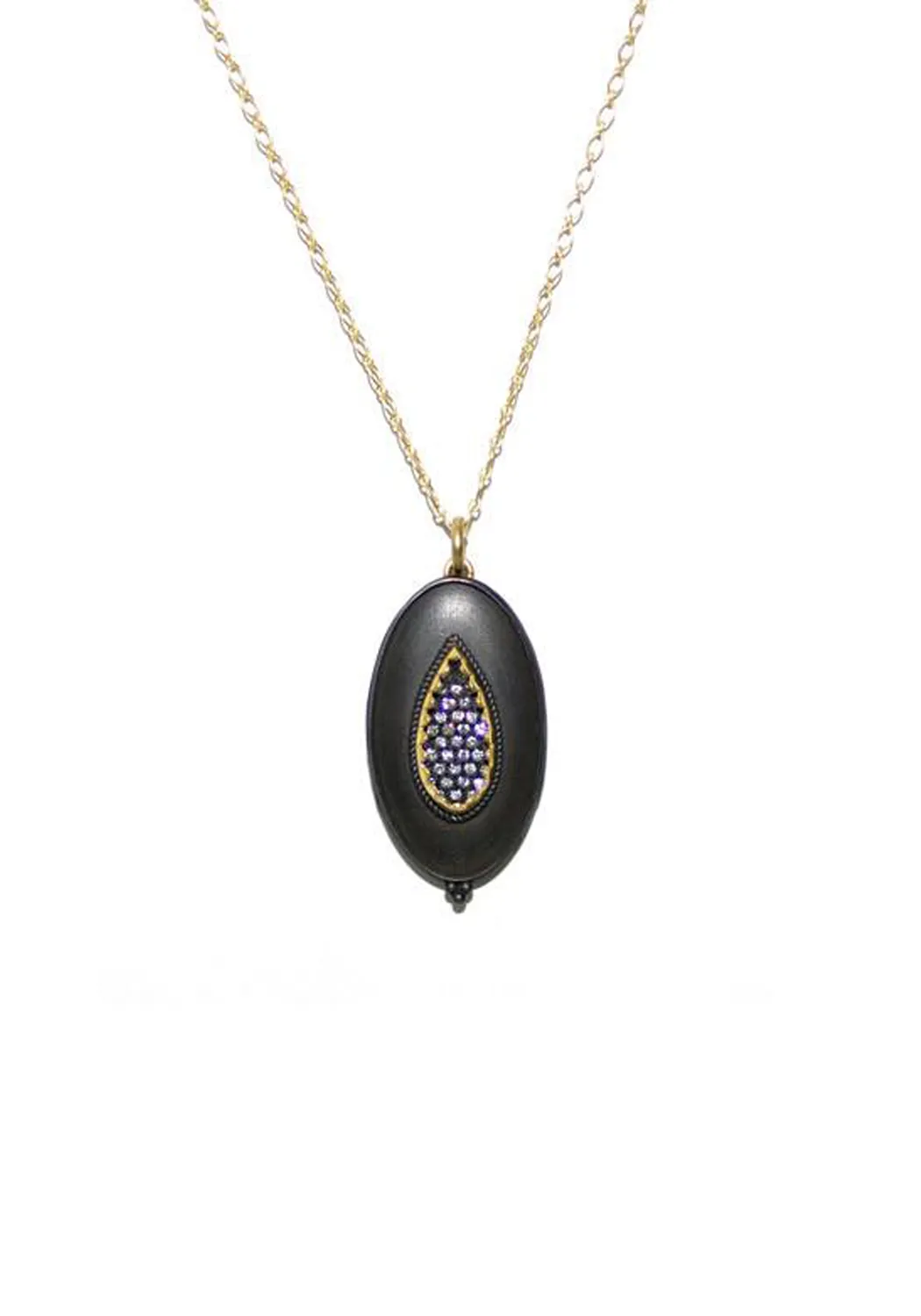 ILA Paris 14KYG  Blackened Silver Diamond Oval Locket Necklace