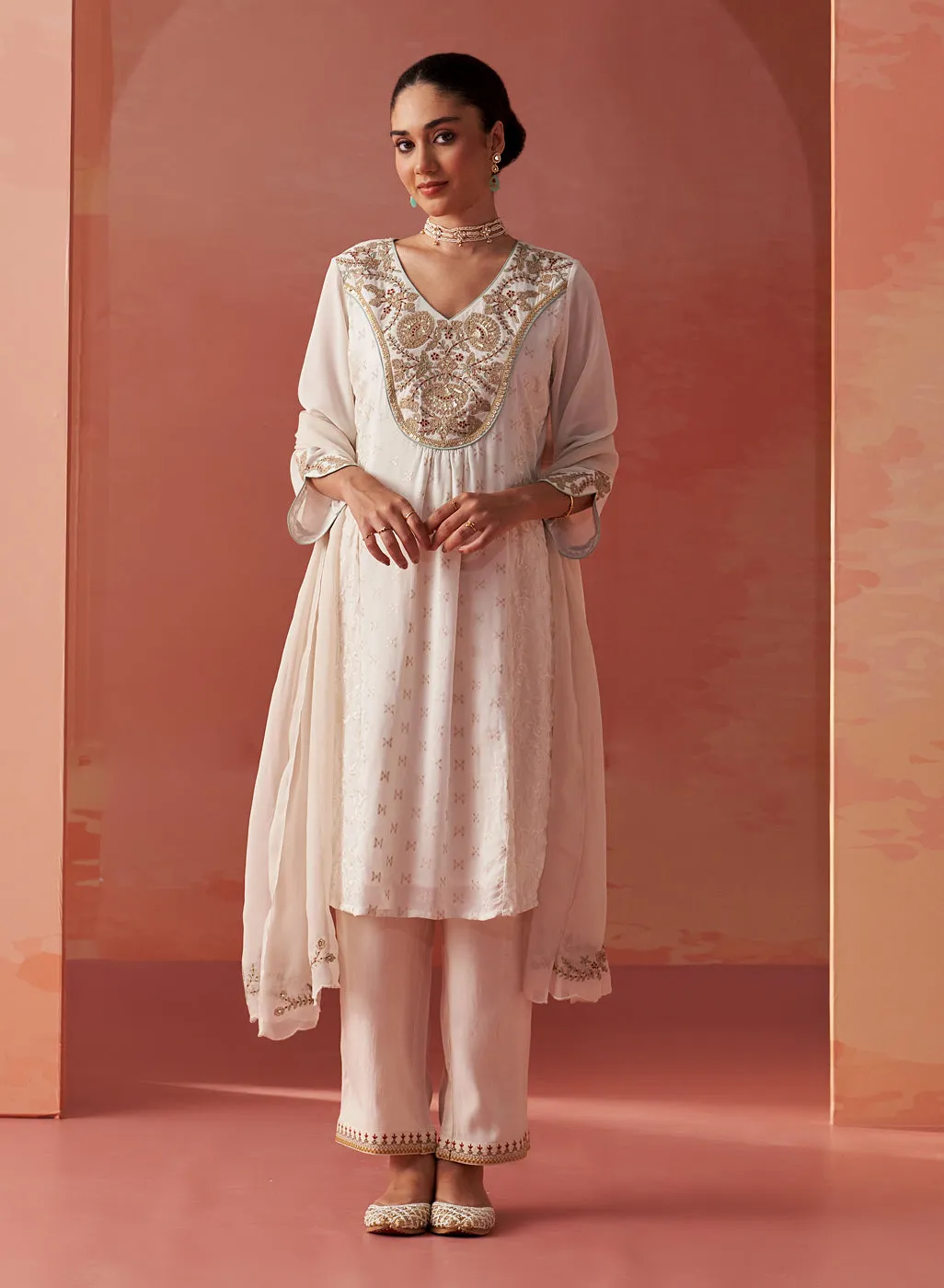 Imara Ivory Embroidered Georgette Kurta Set for Women