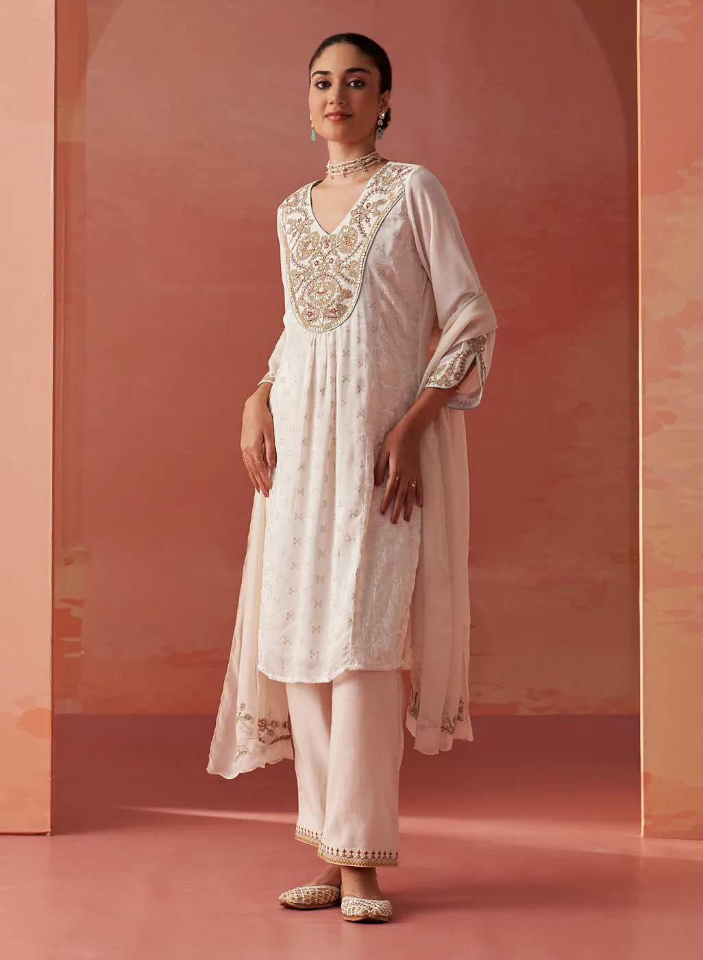 Imara Ivory Embroidered Georgette Kurta Set for Women