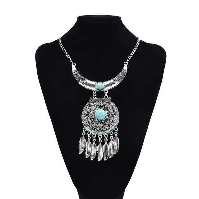 Indian Tribal Bohemian Black Blue Stone Ethnic Coin tassel necklace