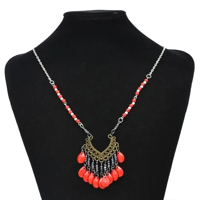 Indian Tribal Bohemian Black Blue Stone Ethnic Coin tassel necklace