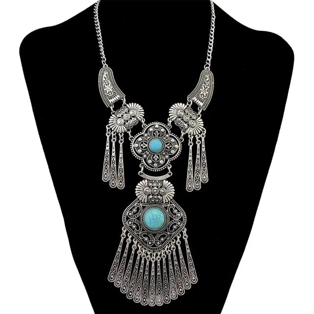 Indian Tribal Bohemian Black Blue Stone Ethnic Coin tassel necklace