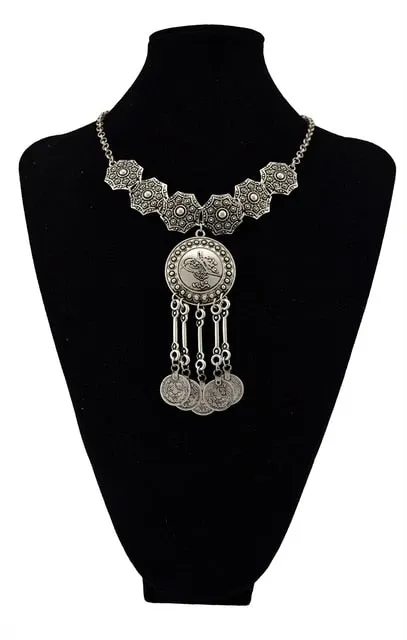 Indian Tribal Bohemian Black Blue Stone Ethnic Coin tassel necklace