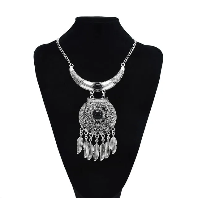 Indian Tribal Bohemian Black Blue Stone Ethnic Coin tassel necklace