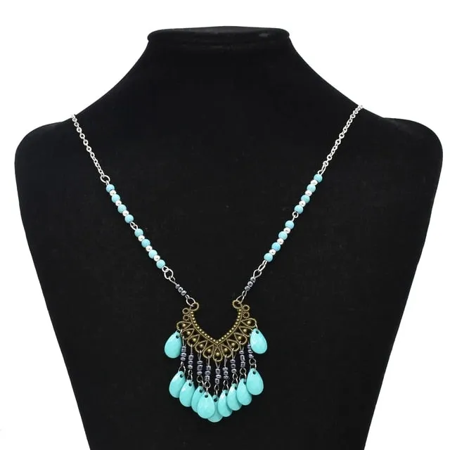 Indian Tribal Bohemian Black Blue Stone Ethnic Coin tassel necklace