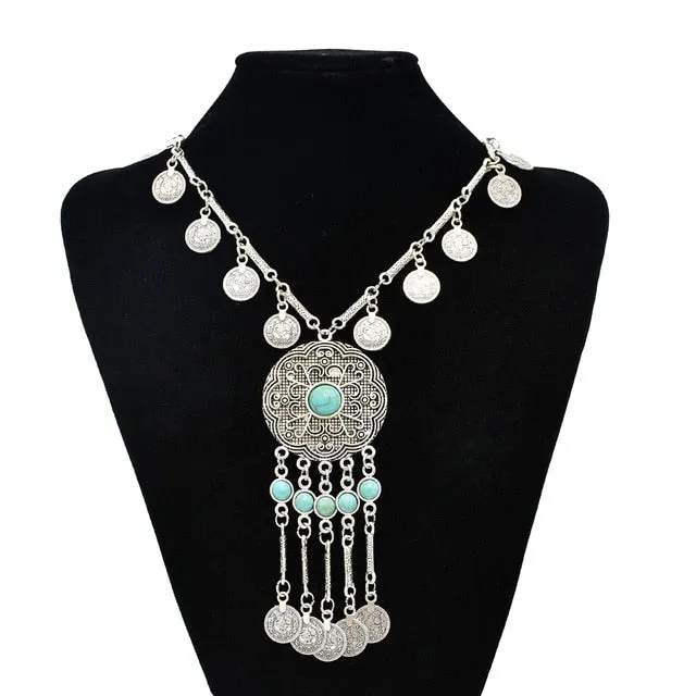 Indian Tribal Bohemian Black Blue Stone Ethnic Coin tassel necklace