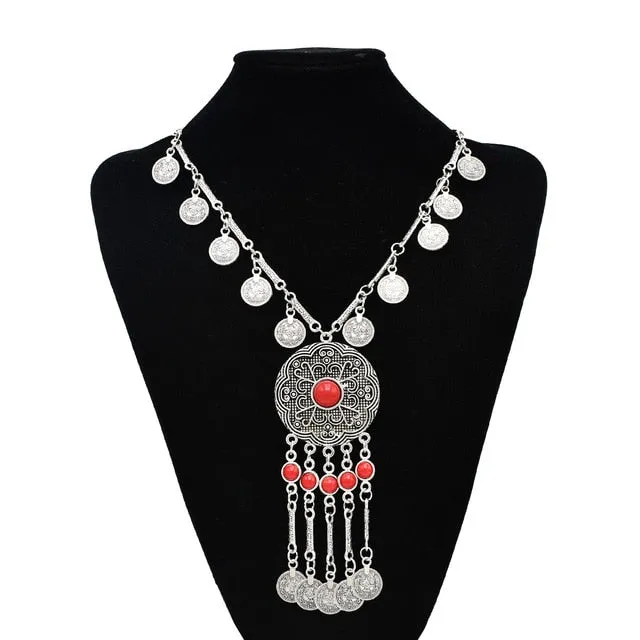 Indian Tribal Bohemian Black Blue Stone Ethnic Coin tassel necklace