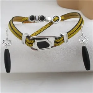 Jewelry Set Yellow Leather Choker & Bracelet  Black Sea Glass Earrings