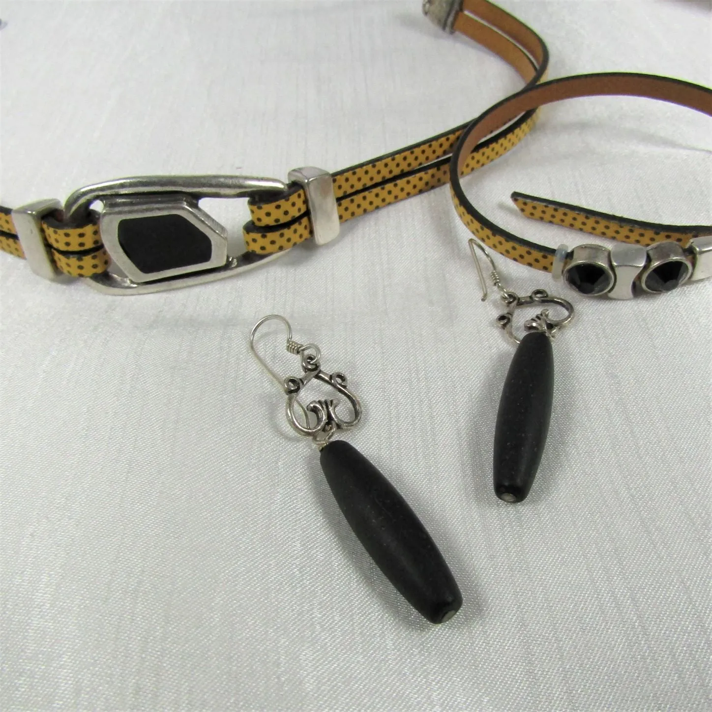 Jewelry Set Yellow Leather Choker & Bracelet  Black Sea Glass Earrings