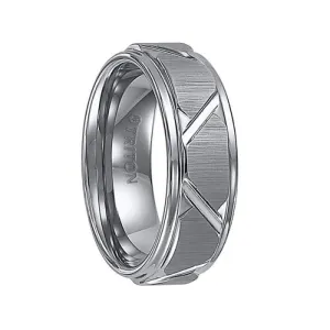 KEATON Step Edge Tungsten Carbide Comfort Fit Wedding Band with Vertical Satin Finish and Bright Edges and Diagonal Cuts by Triton Rings - 8 mm