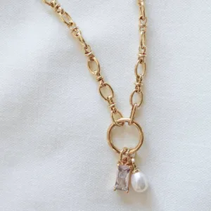 Kinsey Designs | Sophie Gold Tone Chain Necklace with CZ Crystal and Pearl Charms