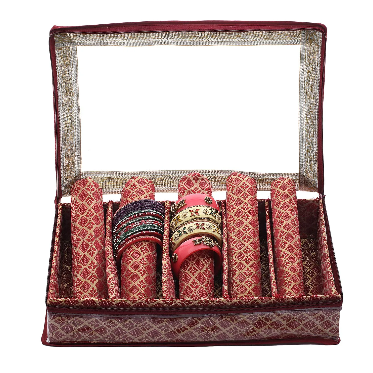 Kuber Industries Brocade Hardboard 2 Pieces Five Rod Bangle Box (Maroon) - CTKTC42051